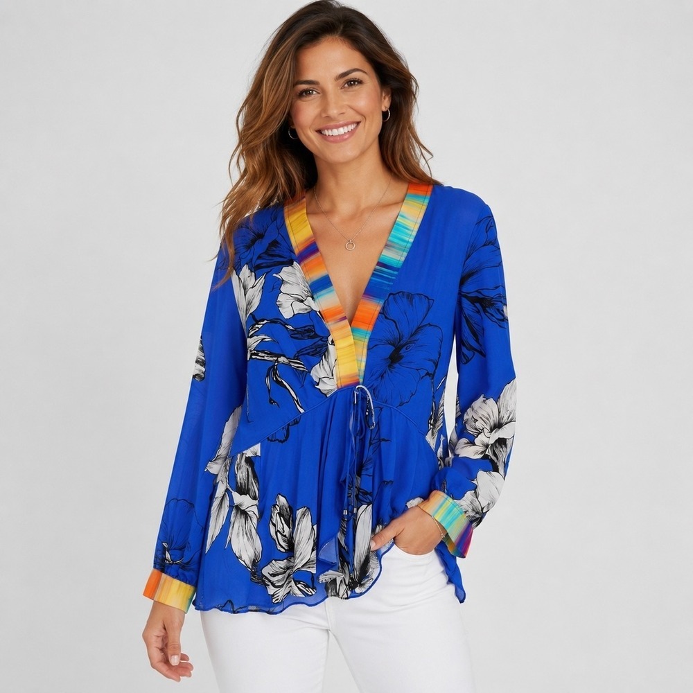 Robert Graham Silk Blouse Blue Floral Chiffon Resort Tropical Flowy Womens XS